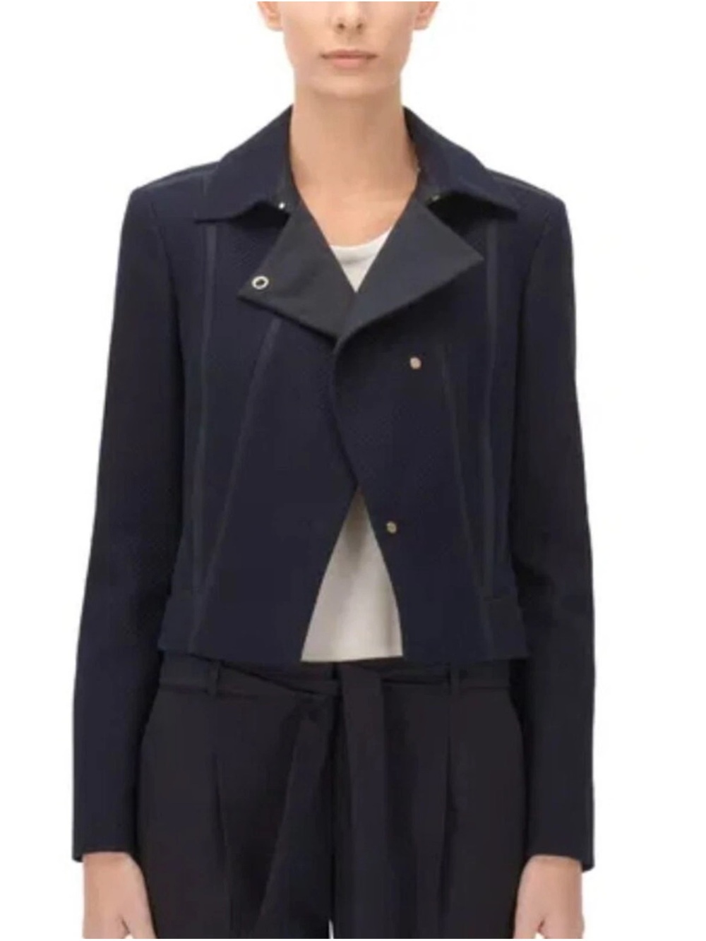 Hugo Boss Jaebina Navy Textured Asymmetric Moto Blazer Jacket Size US 4
